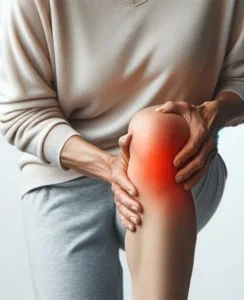 A woman holding her knee in pain.